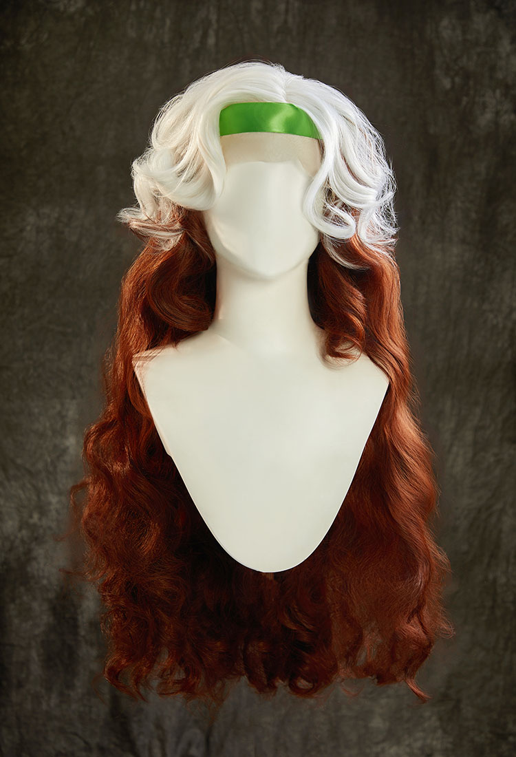 Superhero Rogue Cosplay Wig White and Brown Two-Tone 27.5-inch Long Curly Lace Wig