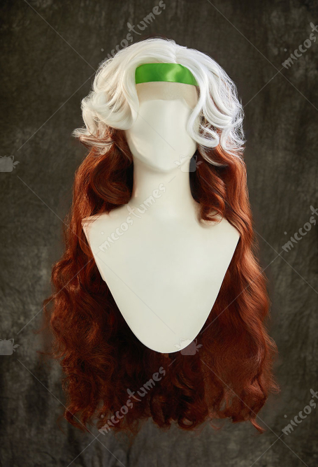 Superhero Rogue Cosplay Wig White and Brown Two-Tone 27.5-inch Long Curly Lace Wig