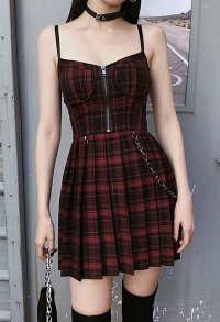 Women Dark Punk Red Plaid Slip Dress Rock Girl Gothic A Line Pleated Dress