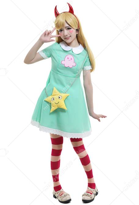 Girls Princess Star Butterfly Cosplay Costume Green Dress with Hair Accessory Star Bag