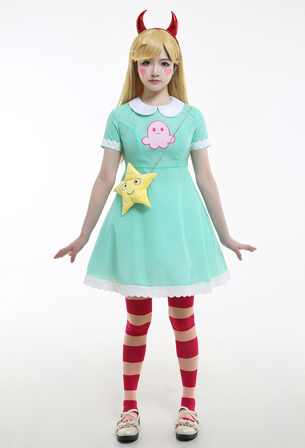 Prinzessin Star Butterfly Cosplay Kostüm Grünes Kleid Haarschmuck,Stern Tasche